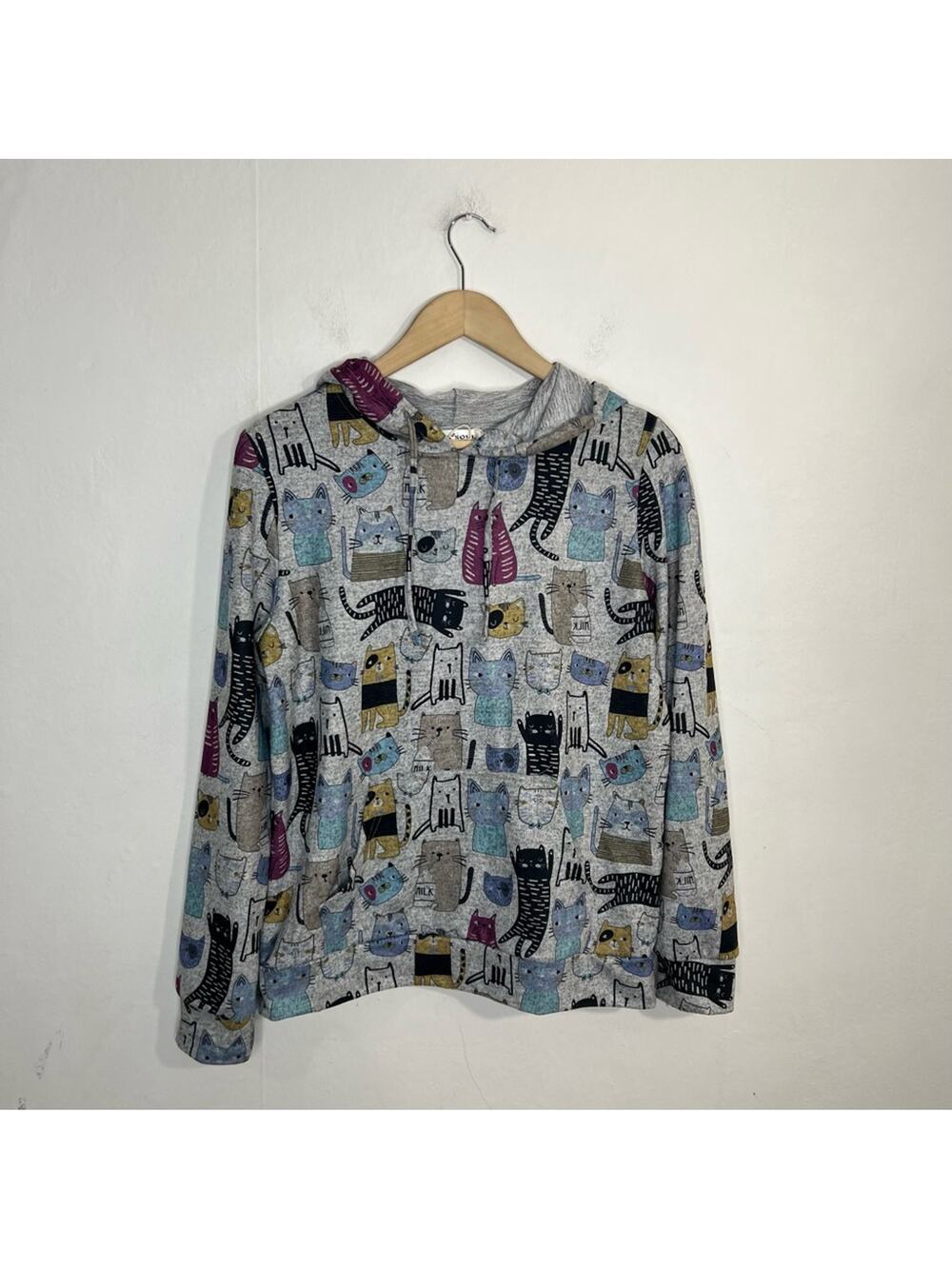 LA Soul NWOT Cute Novelty Cat Gray Hoodie Sweatshirt Size Small
